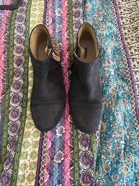 Sorel Black Suede Ankle Booties with Leopard Accent
